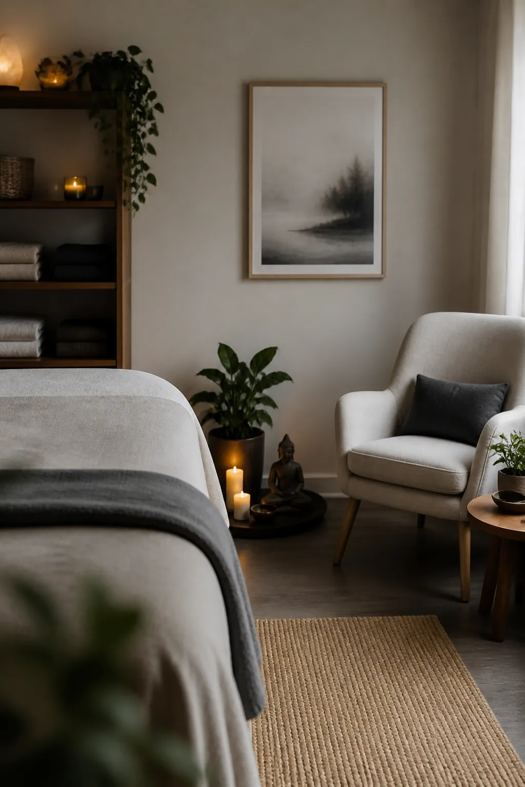Inviting therapy room with a chair and calm meditation corner