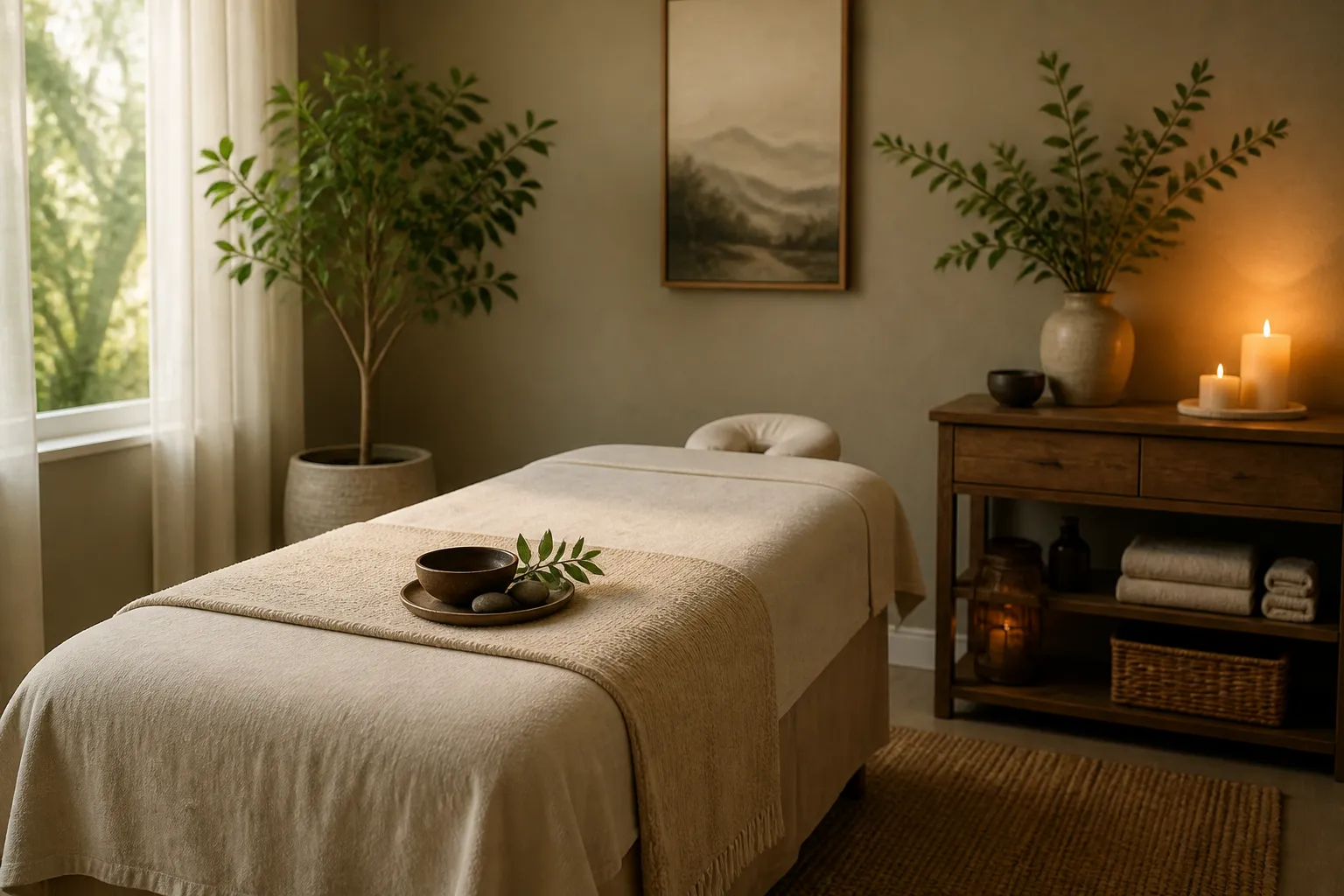 Serene wellness room with soft natural light and a treatment table